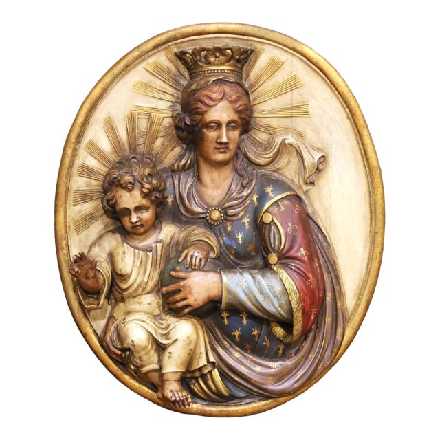 19th Century Spanish Carved Polychrome and Painted Madonna and Child Wall Plaque For Sale