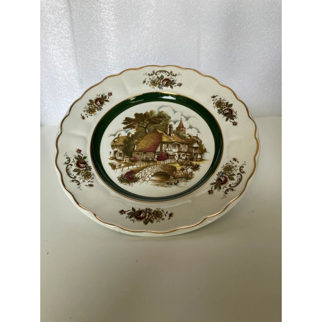 Vintage Floral and Village Decoration Wall Plate 10.25"D , makers mark reads "Ascot Service Plate Wood And Sons Made in...