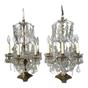 X-Large Pair of Antique French Louis XVI Style Crystal Cut & Gilt Metal Girandoles/Candelabras, Baccarat Style, Table Lamps