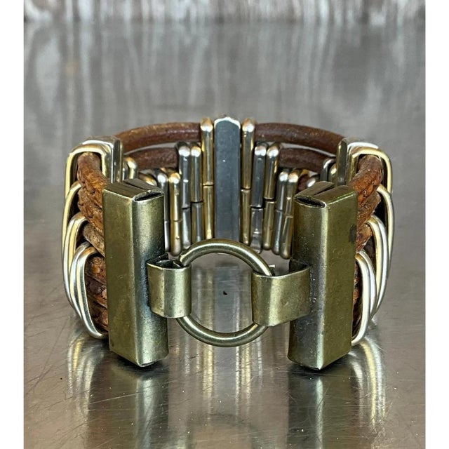 Vintage Leather & Silver Rhinestone Cuff Bracelet For Sale - Image 9 of 12