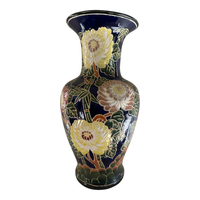 Mid 20th Century Large Chinoiserie Floral and Bamboo Ceramic Vase For Sale