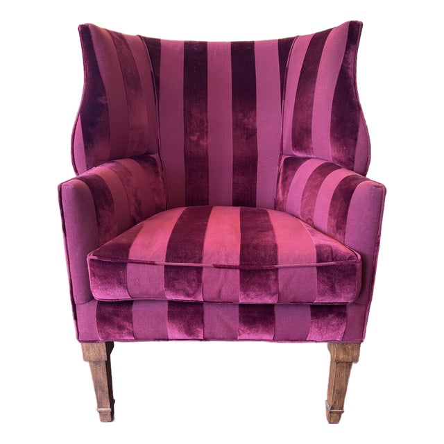 Curved Wing Arm Chair With Zimmer & Rohde Fabric in Deep Wine For Sale