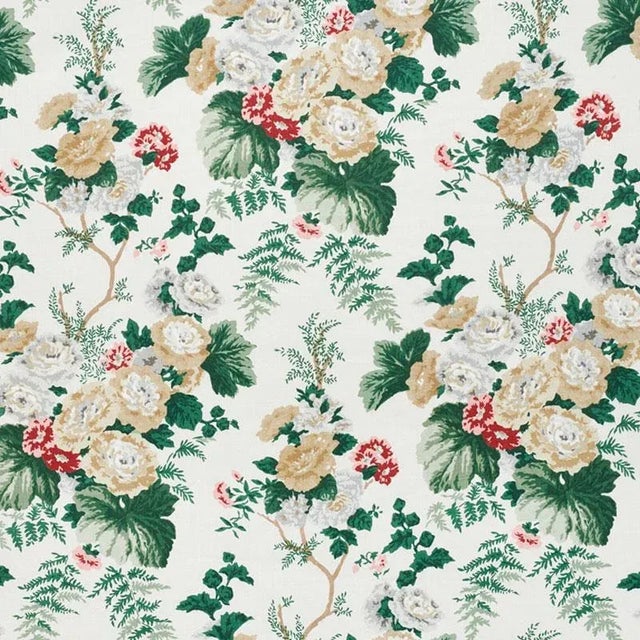 Originally printed in the 1940s, these charming, multi-hued hollyhocks are printed on a chunky linen ground with slightly...