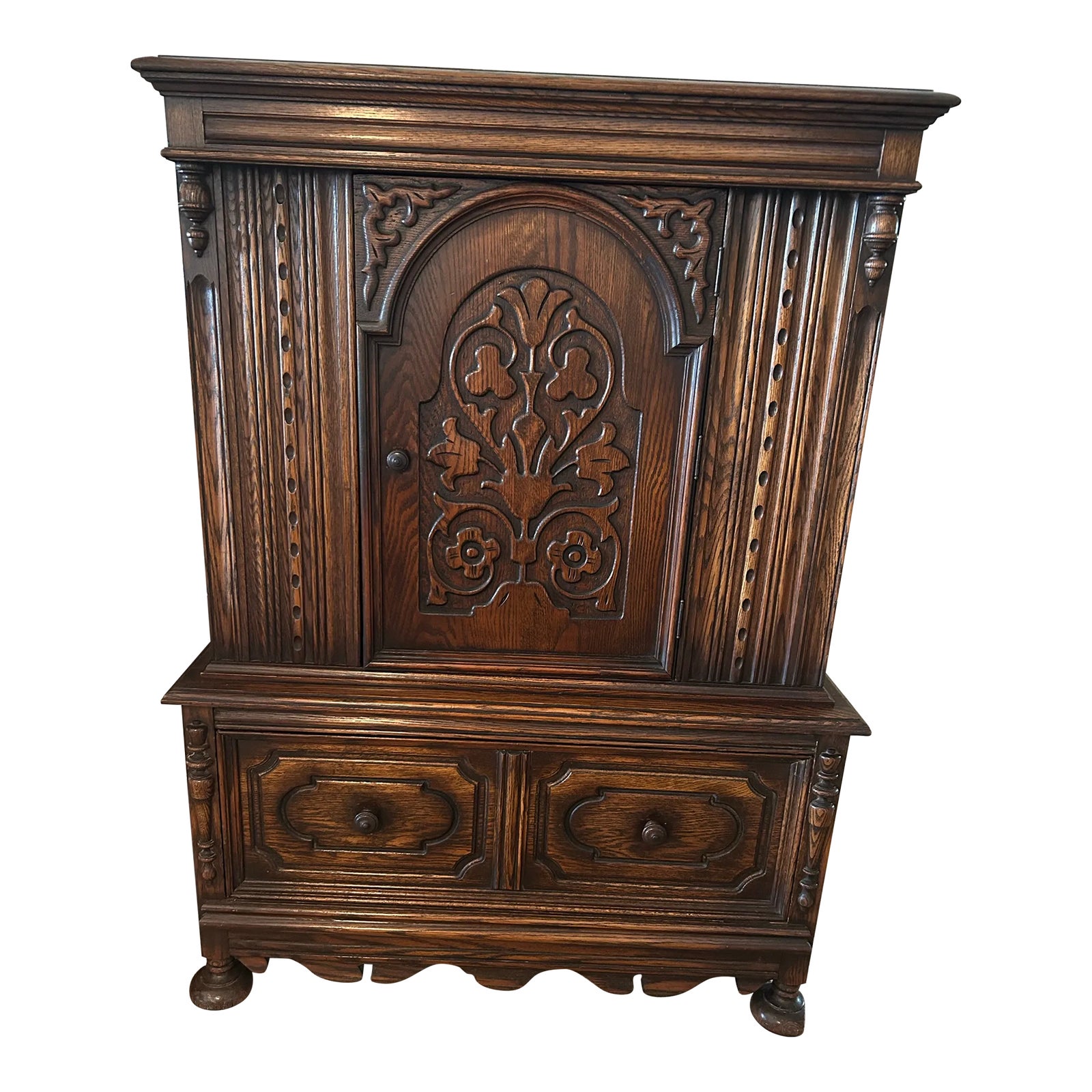 Mid 20th Century Vintage Carved Oak Jacobean Style China Cabinet | Chairish