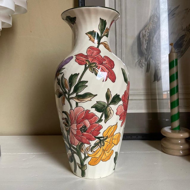 Goldenrod Vintage Flowers Ceramic Earthenware Vase by Gien, France, 1960s For Sale - Image 8 of 12