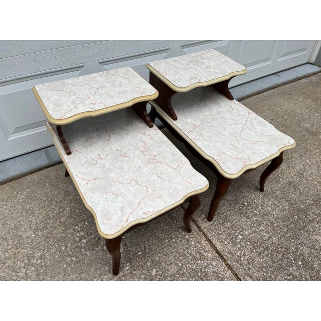 Mid Century Modern Walnut and Faux Marble Two-Tiered Side End Tables- Set of 2 For Sale - Image 12 of 12