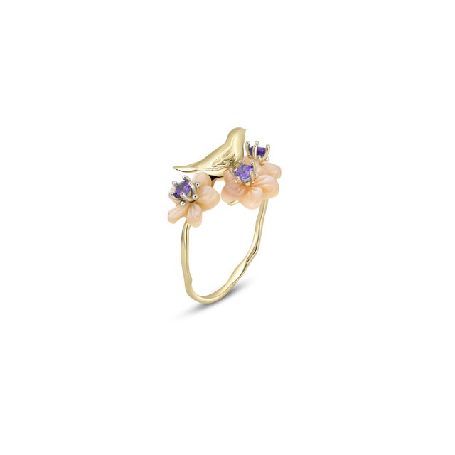 Bird on Branch 14k Gold Ring With Amethysts - 5 Us Size For Sale - Image 4 of 5