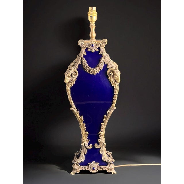French Cobalt Glass and Ormolu Table Lamp with Ram Heads in the style of Sèvres, 1920s For Sale - Image 4 of 14