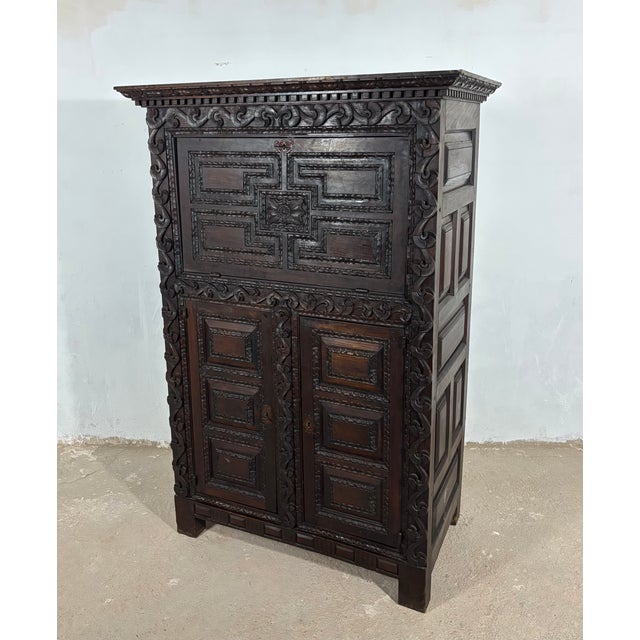Late 19th Century Antique Baroque Oak Fall-Front Cabinet with Deep Carved Decoration, 1880 For Sale - Image 5 of 18