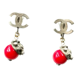 Chanel Rustic Silver CC Red Bead Dangle Clip on Earrings - 2 Pieces