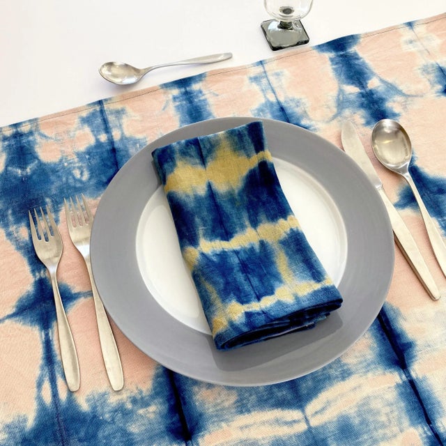 Mustard Rousseau Gold & Indigo Blue Abstract Pattern Hand Dyed Linen Napkins- Set of 4 For Sale - Image 8 of 8