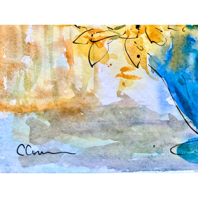 Original Watercolor Painting of “Daffodils in a Blue Vase” on Handmade Cotton Paper For Sale - Image 6 of 8