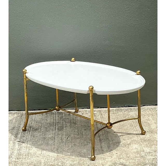 Vintage Brass and Wood Oval Coffee Table For Sale - Image 4 of 12