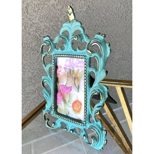 1980s Circa 1980 Baroque-Style Verdigris & Gilt Acanthus Leaf Cast Iron Easel Back Picture Frame For Sale - Image 5 of 12