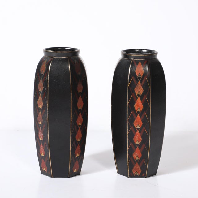Pair of Art Deco Ceramic Vases W/ Geometric Motifs Signed Faincerie St Ghislain For Sale - Image 4 of 14