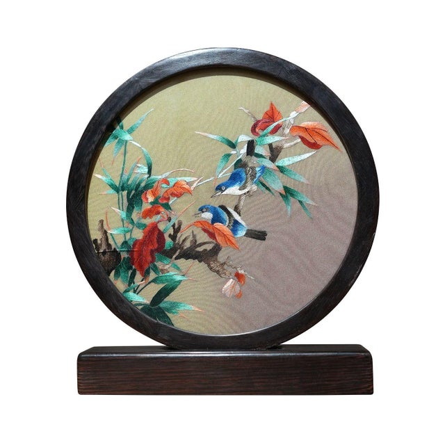 Art Deco Double-Sided Handcrafted Silk Feng Shui Embroidery Spring Bird Flower Artwork For Sale - Image 3 of 5