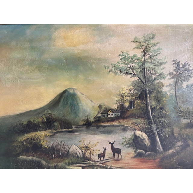 Antique oil on canvas board landscape painting. Rustic mountain scene with deer and a cabin. Comes in period wood and...
