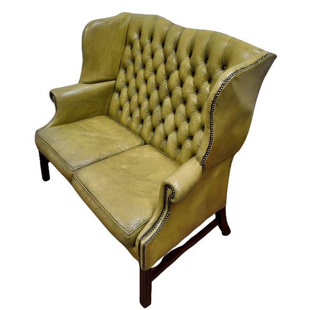 Mid 20th Century Mid 20th Century Vintage Olive Green Tufted Leather Wingback Settee With Nailhead Trim For Sale - Image 5 of 12