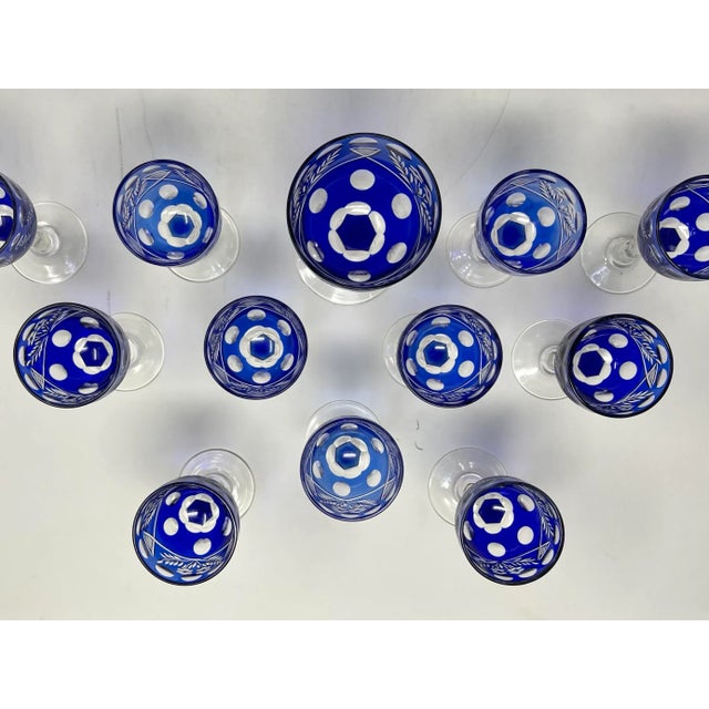 1940s Cobalt Cut to Clear Czech Crystal Hock Wine & Cordial Glasses - 21pc.Set For Sale - Image 9 of 12