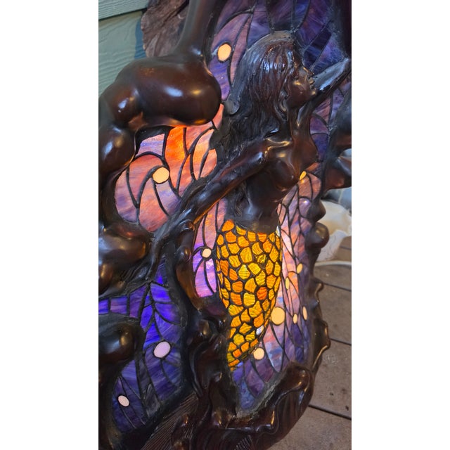 Metal Vintage Art Nouveau Style Stained Glass Mermaid Table Lamp - Coastal Bronze Finish Sculpture For Sale - Image 7 of 8