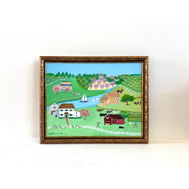 2000 - 2009 A Country Folk Art Rural Farm Scene Signed Kay Benham 06 Oil on Canvas For Sale - Image 5 of 6