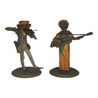 Antique Spelter Musician Candlesticks: Cold Painted Caricature Pair For Sale