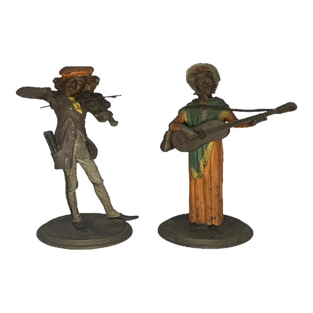 Antique Spelter Musician Candlesticks: Cold Painted Caricature Pair For Sale