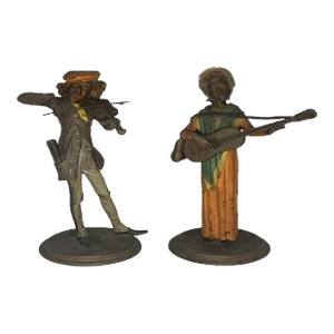 Antique Spelter Musician Candlesticks: Cold Painted Caricature Pair