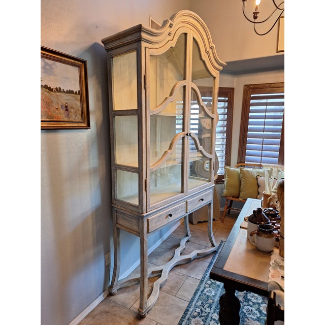 Vintage French Country Carved Pine Curio Cabinet & China Hutch For Sale - Image 9 of 10