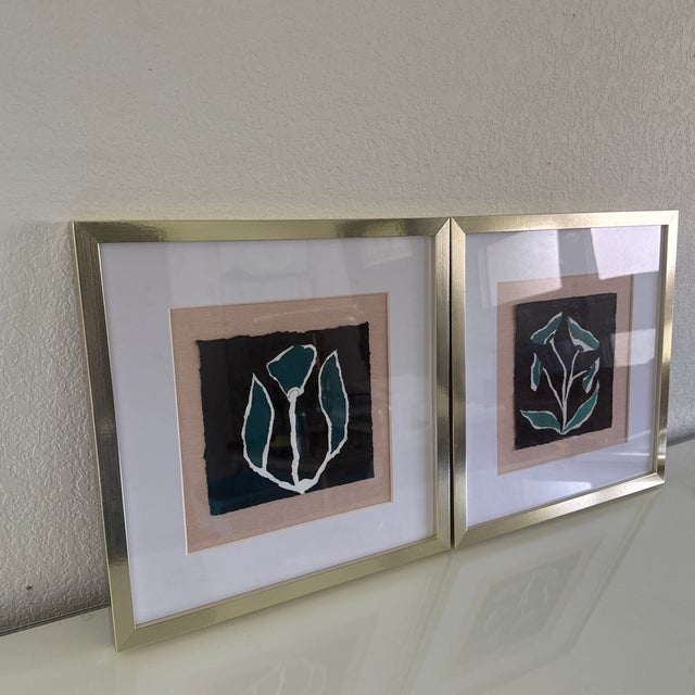 Set of Original Abstract Floral Paintings Mounted on Fabric Matted and Framed Created by myself, Dawn Lensing. Other...