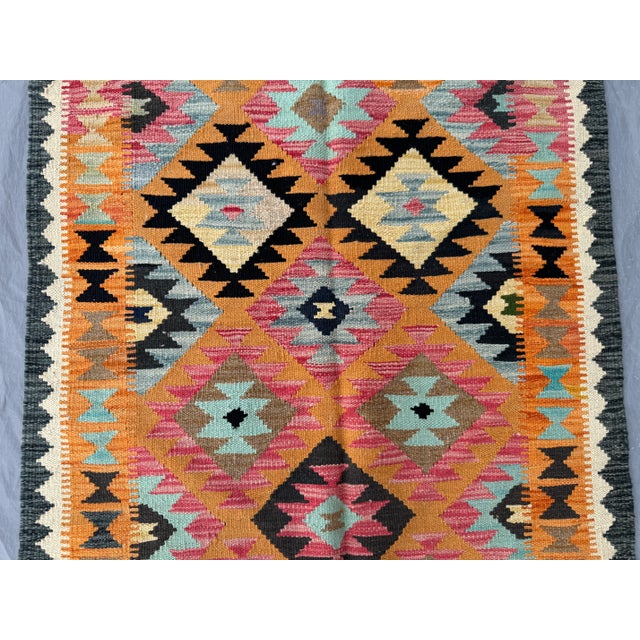 Vintage Afghan Handwoven Colorful Kilim Rug, Geometric Tribal Flat-Weave Wool Rug For Sale - Image 6 of 11