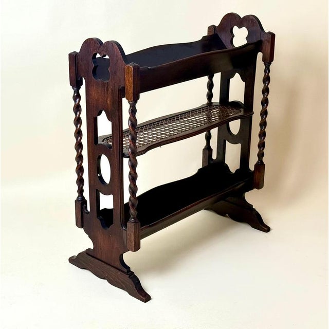 English Gothic Revival Oak Canterbury Bookcase with Original Cane, 1890 For Sale - Image 6 of 14