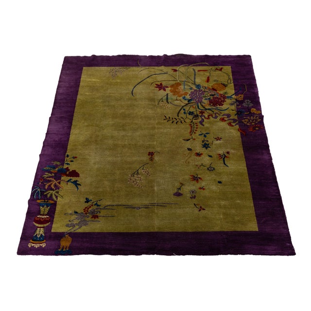 Antique 1920s Art Deco Chinese Rug in Chartreuse Olive and Imperial Violet 9x12 For Sale - Image 9 of 12