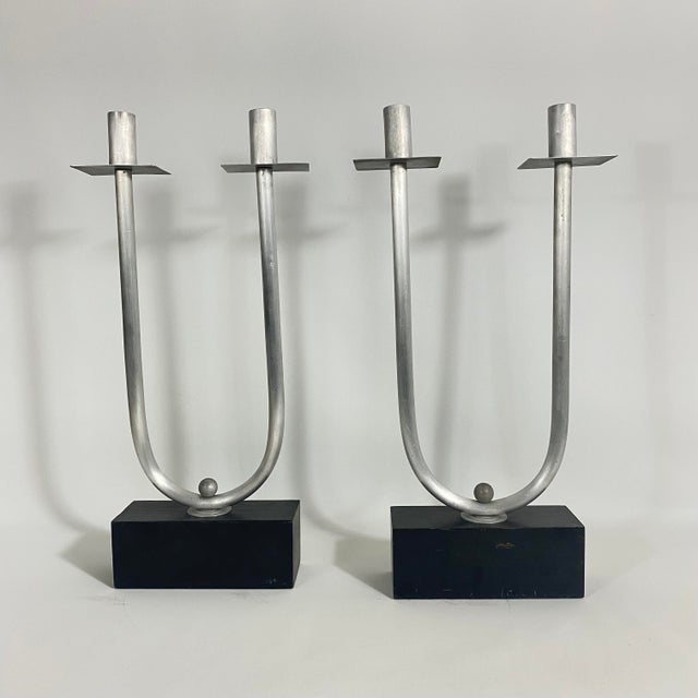1970s Vintage Modernist Steel Candelabra Holder Pair on an Ebonized Wood Bases For Sale - Image 5 of 13
