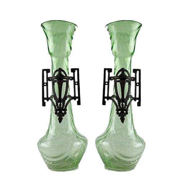 Large Art Nouveau Crackle Glass Vases, 1930s, Set of 2 For Sale