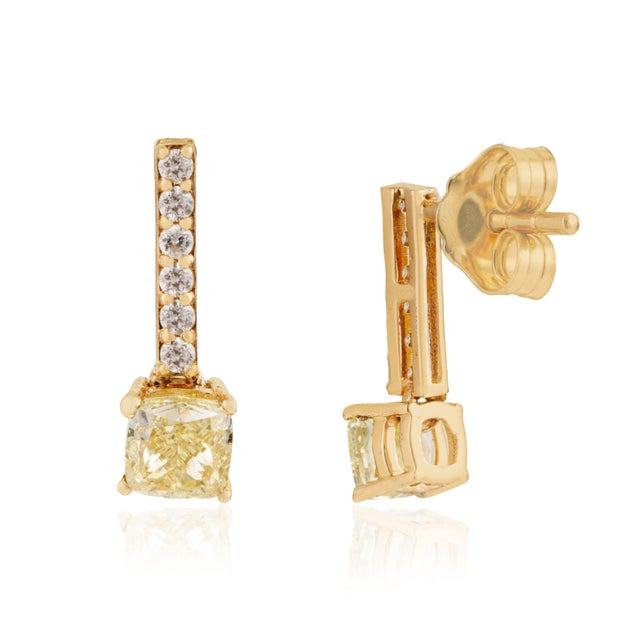 Metal Cushion-Cut Fancy Yellow Diamond Bar Drop Stud Earrings in 14k Solid Gold- A Pair For Sale - Image 7 of 13