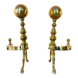 Antique Rostand Canonball Brass Fireplace Andirons For Sale