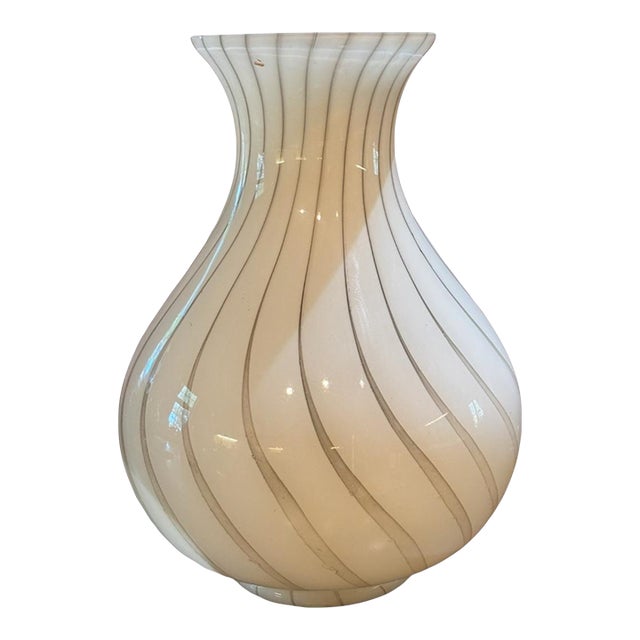 Murano Hand-Blown Opaline Filigrana Spiral Art Glass Vase — Late 20th Century For Sale