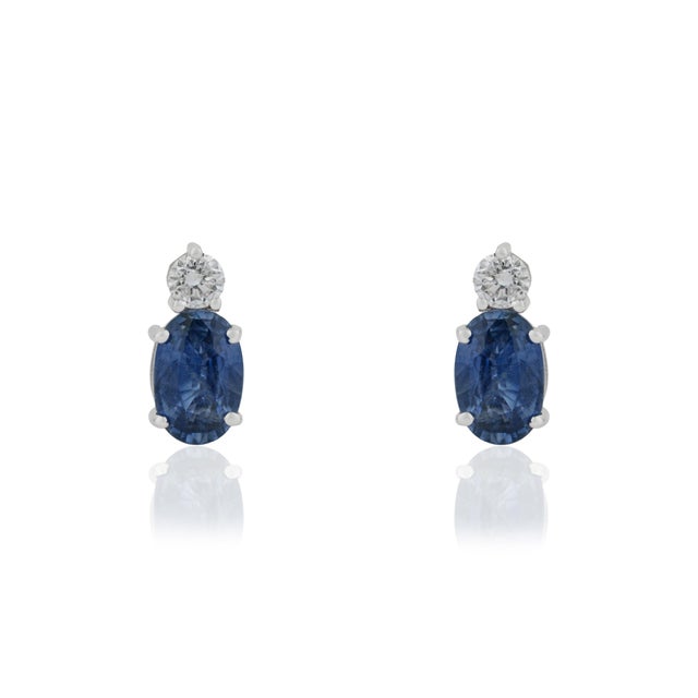 Classic 1.11 Carat Blue Sapphire & Diamond Stud Earrings in 14k White Gold- A Pair For Sale - Image 4 of 14