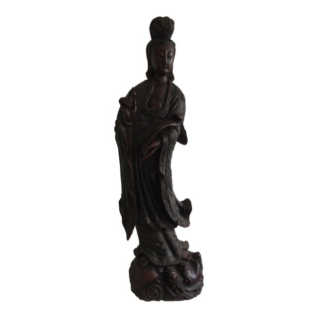 1920s Carved Wood Guanyin Statue For Sale