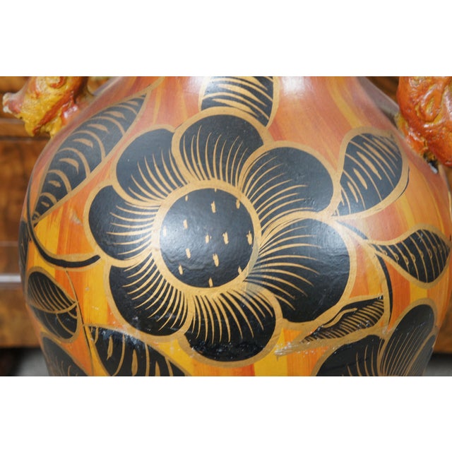 Vintage Terracotta Hand Painted Dragon & Floral Handled Floor Vase Jar Urn For Sale - Image 10 of 12