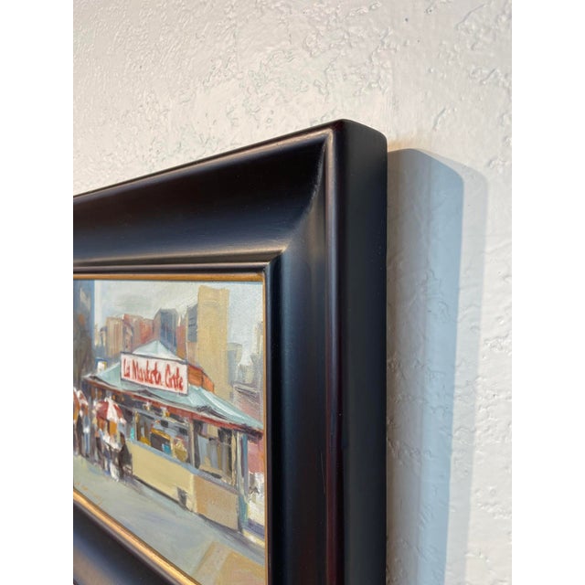 Contemporary Market Cafe by P.A. Canney | Oil Painting of a cafe with umbrellas and people in an urban setting For Sale - Image 3 of 3