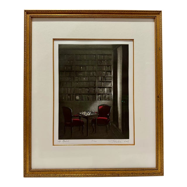Lynn Shaler Le Match 2009 Signed Numbered 11/100 Color Etching Chess Library Framed For Sale