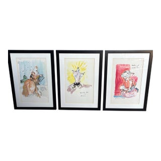 Collection of Three Signed Figurative Ink & Watercolor Works, 1973–1975 For Sale