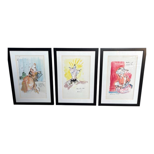 Collection of Three Signed Figurative Ink & Watercolor Works, 1973–1975 For Sale