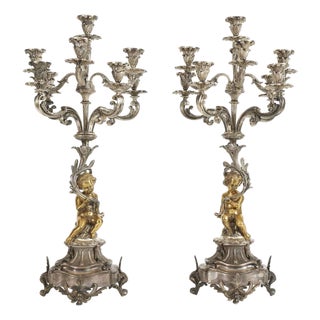 Silver and Gilded Bronze 8-Layer Table Candelabras, Set of 2 For Sale