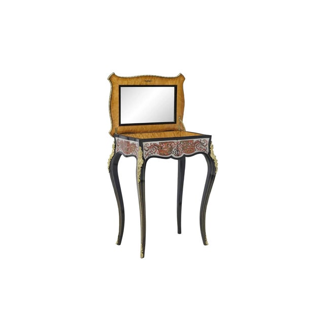 19th Century French Napoleon III Period Louis XV Ebonized Silver Boulle Marquetry Dressing Side Table For Sale - Image 9 of 9