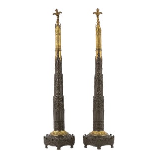 Pair of Antique Victorian Gothic Revival Gilt & Patinated Bronze Chimney Ornaments For Sale