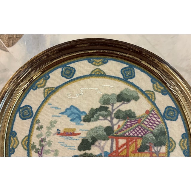 Green Vintage Elsa Williams "Chinese Plate" Chinoiserie Crewel Embroidery in Giltwood Frame For Sale - Image 8 of 16