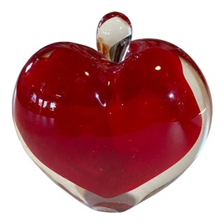 Ruby Red Hand Blown Glass Perfume Bottle Heart/Apple Shape W/Clear Stopper For Sale